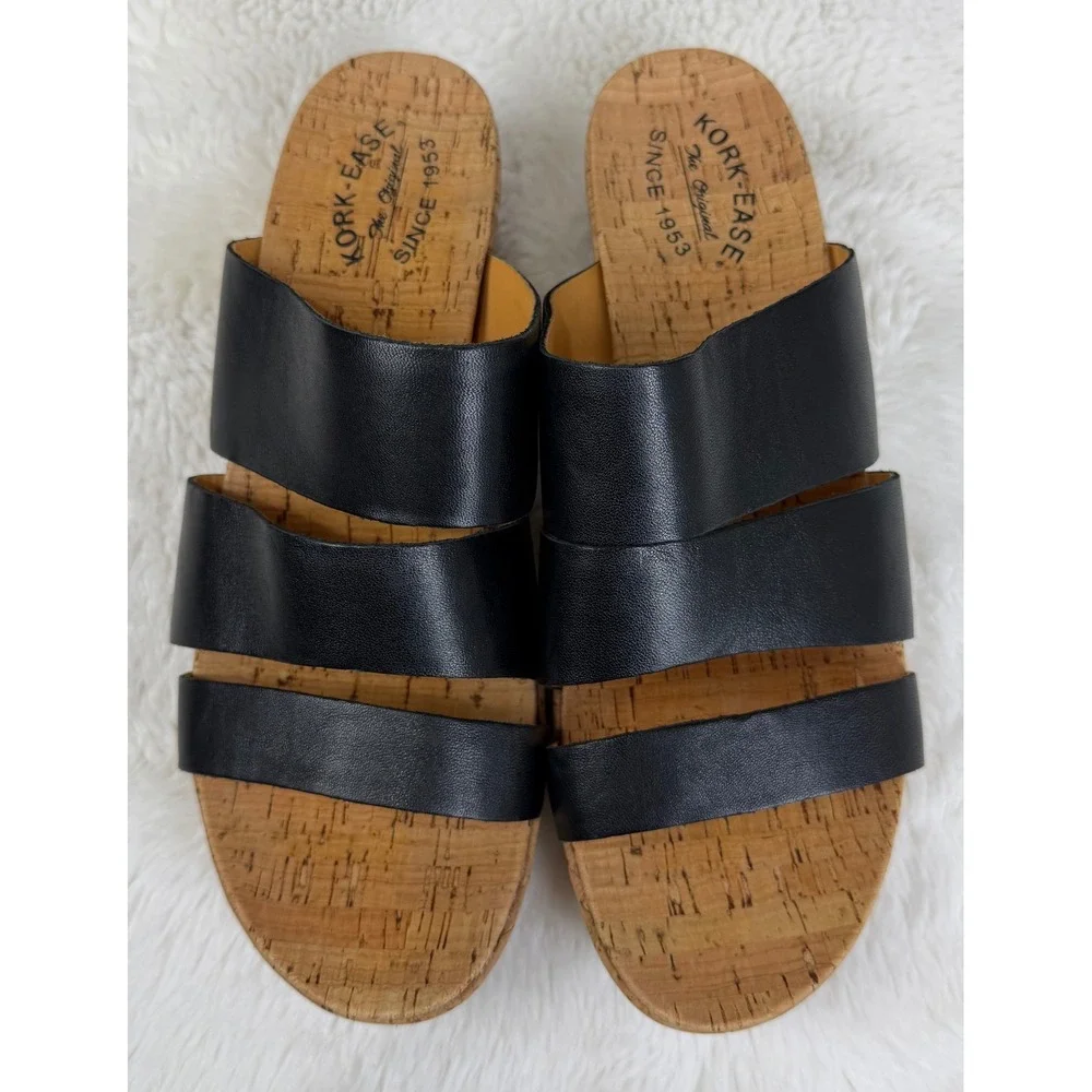Kork-Ease Menzie Black Leather Cork Wedge Slide Sandals Womens Size 11 Comfort